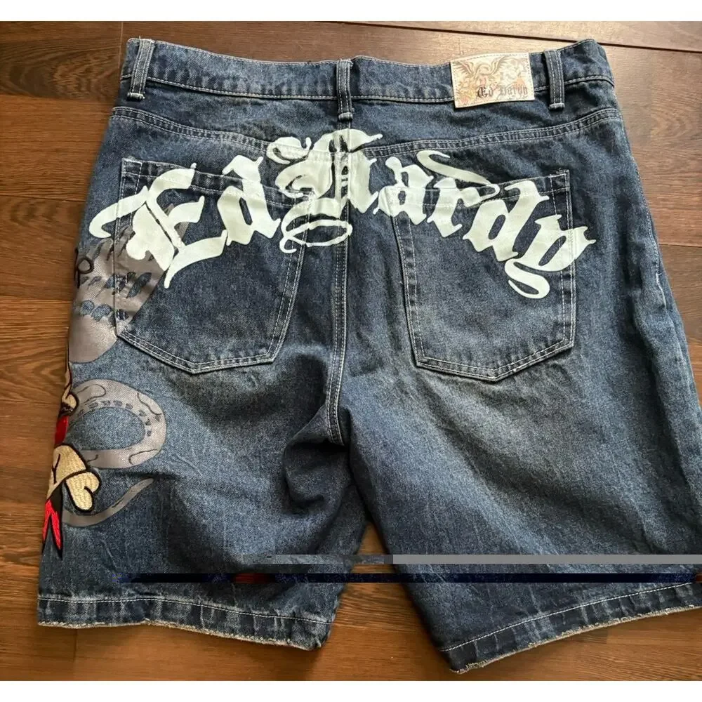 Ed Hardy Death or Glory Skull Denim Skater Shorts 36